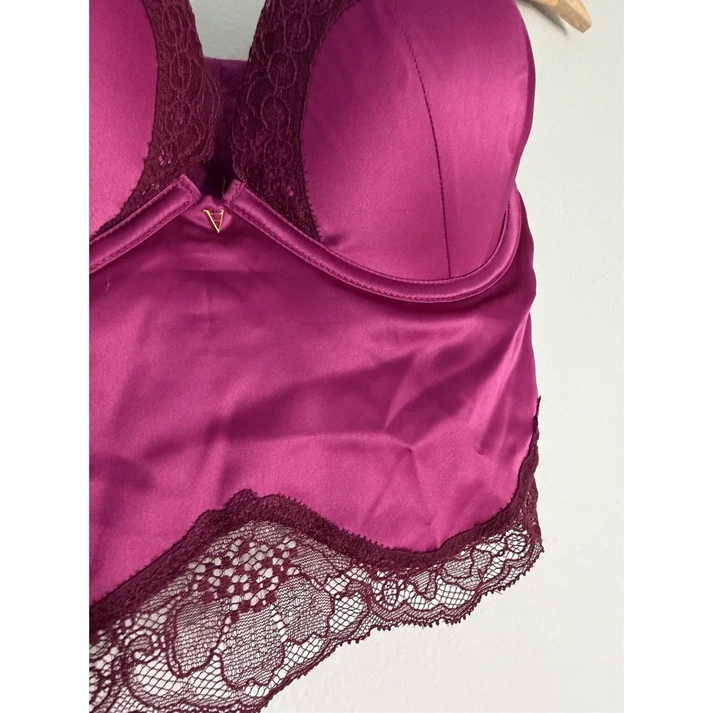 NWT Victoria's Secret Bombshell Plunge 34B Magenta Pink Lace Satin Corset Top